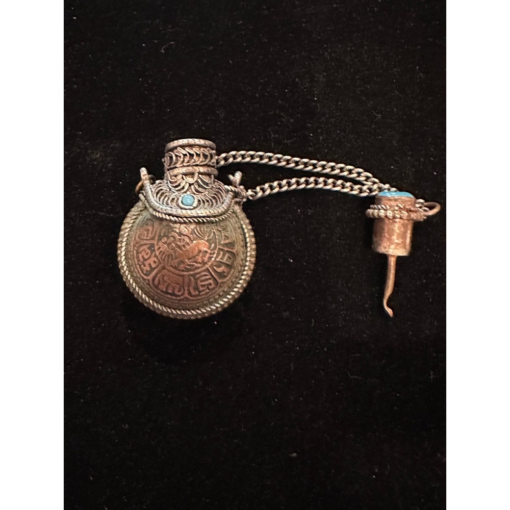 VTG Tibetan Snuff Bottle Filigree Mixed Metal Turquoise Stopper Spoon